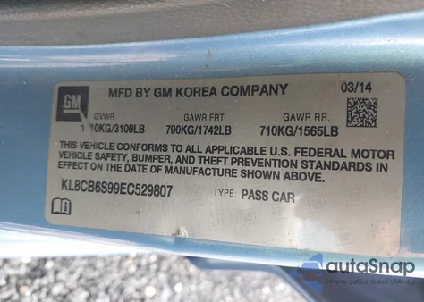 2014 Chevrolet Spark Ls Auto z USA, uszkodzony, nr VIN KL8CB6S99EC529807